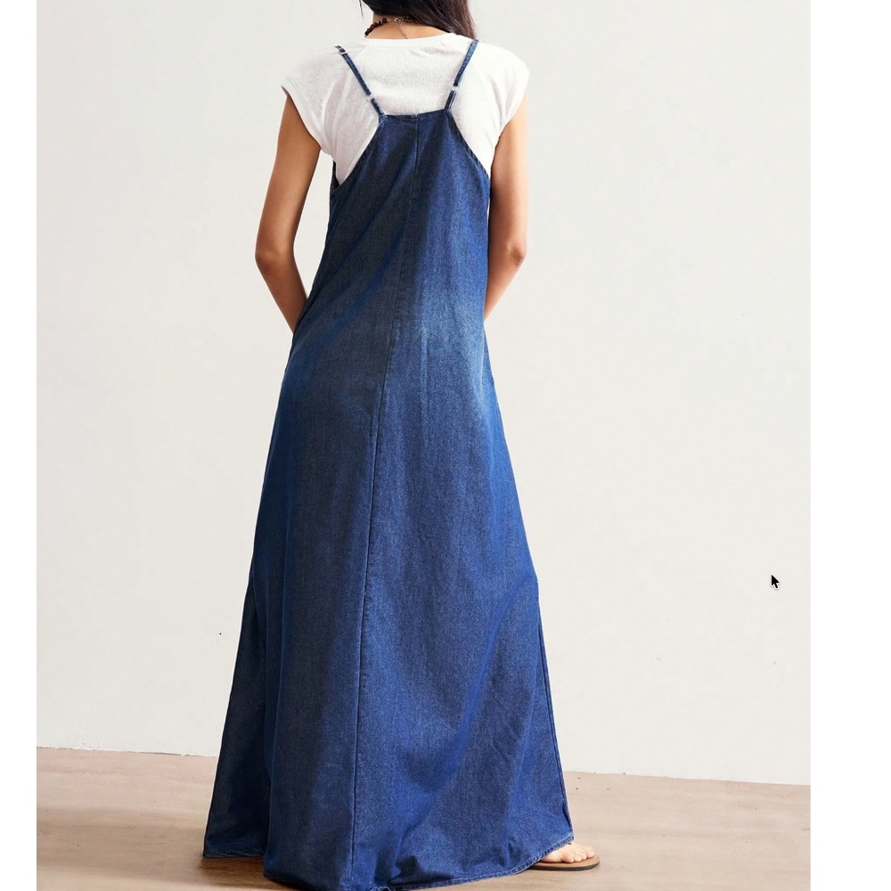 Dark Wash Adjustable Straps Pockets Denim Jean Maxi Cami Dress - Picture 4 of 4